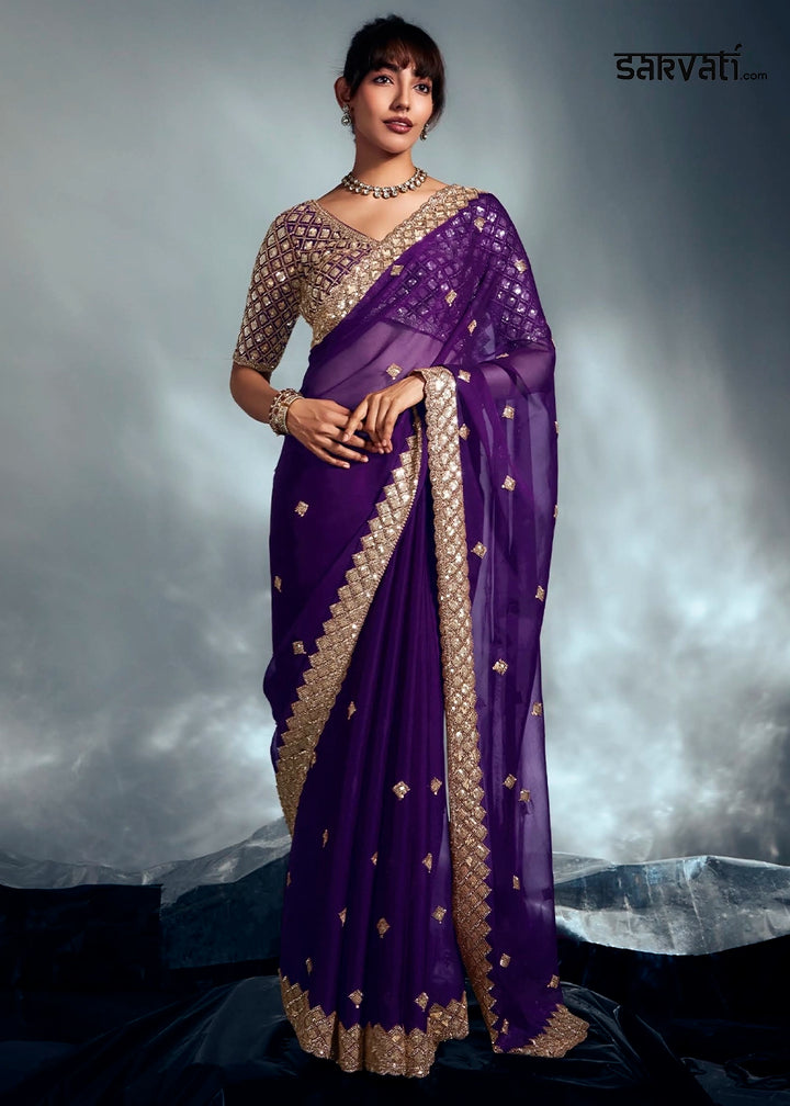 Eggplant Purple Designer Saree in Organza Fabric with Hand Embroidery