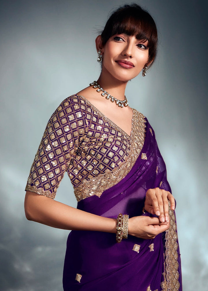 Eggplant Purple Designer Saree in Organza Fabric with Hand Embroidery