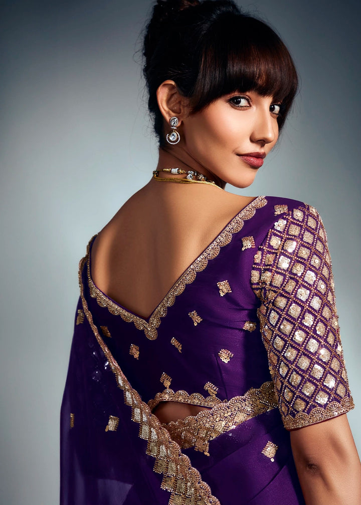 Eggplant Purple Designer Saree in Organza Fabric with Hand Embroidery