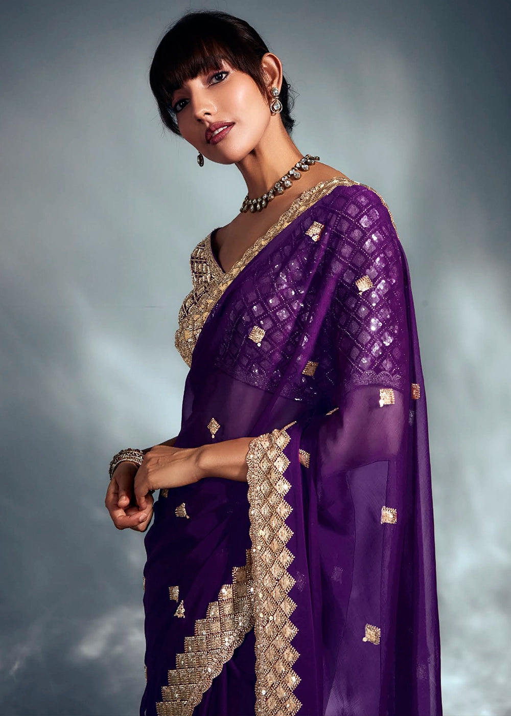 Eggplant Purple Designer Saree in Organza Fabric with Hand Embroidery