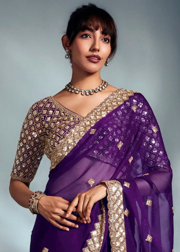 Eggplant Purple Designer Saree in Organza Fabric with Hand Embroidery