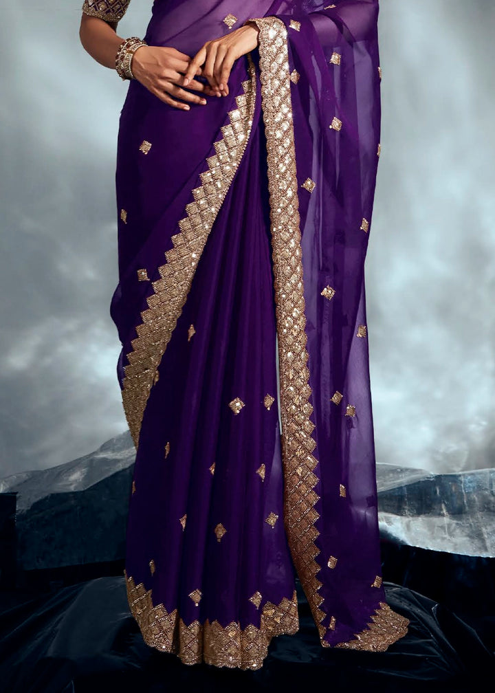 Eggplant Purple Designer Saree in Organza Fabric with Hand Embroidery