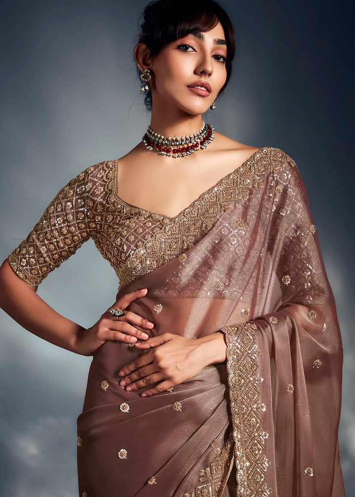 Plaster Brown Designer Saree in Tissue Fabric with Hand Embroidery
