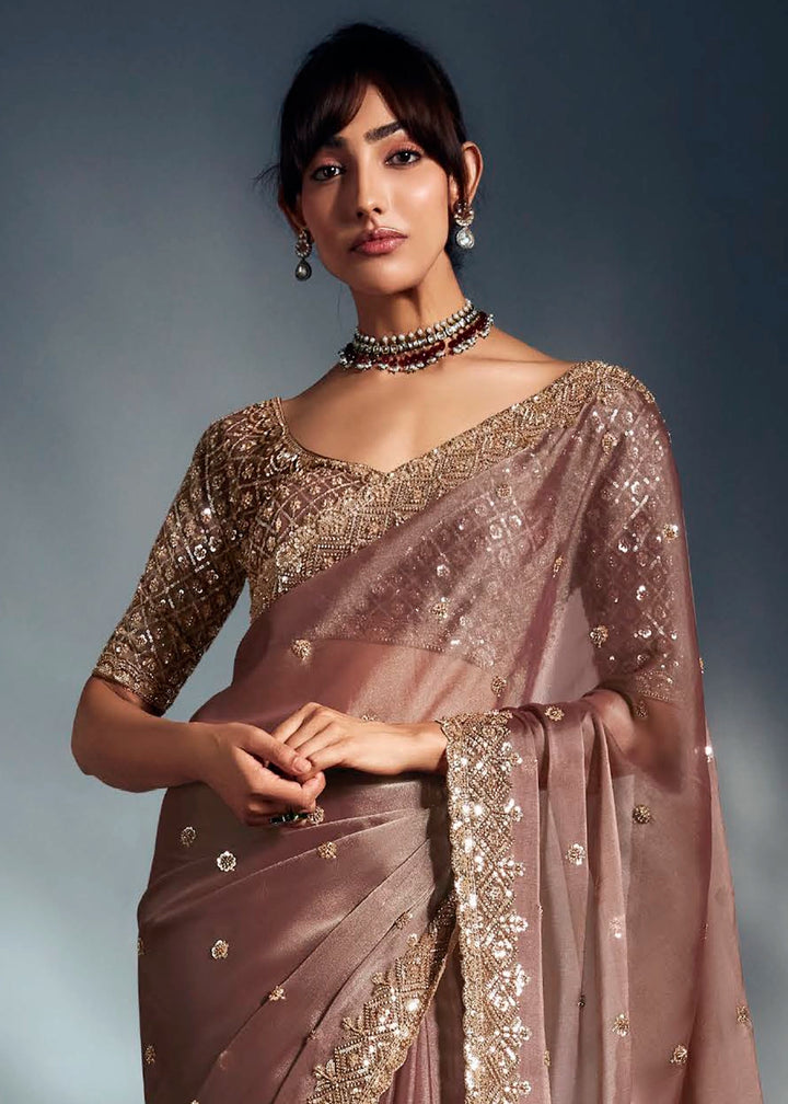 Plaster Brown Designer Saree in Tissue Fabric with Hand Embroidery
