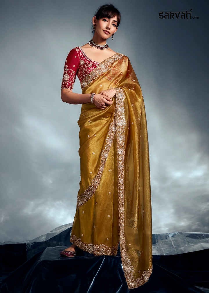 Mustard Yellow Designer Saree in Tissue Fabric with Hand Embroidery
