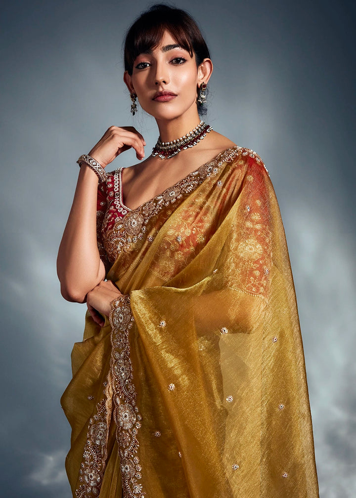 Mustard Yellow Designer Saree in Tissue Fabric with Hand Embroidery