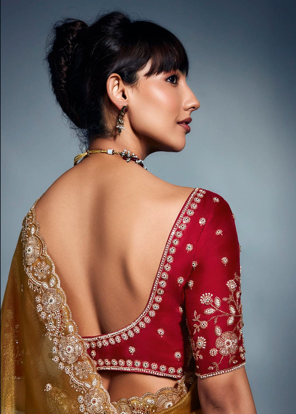 Mustard Yellow Designer Saree in Tissue Fabric with Hand Embroidery