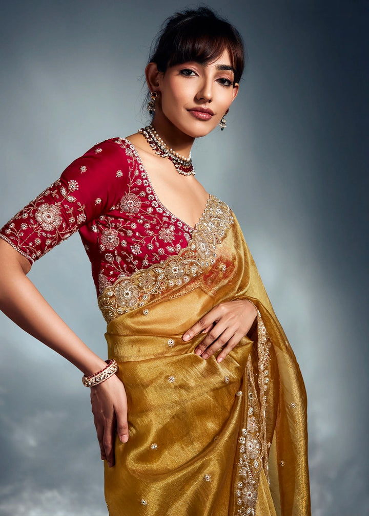 Mustard Yellow Designer Saree in Tissue Fabric with Hand Embroidery