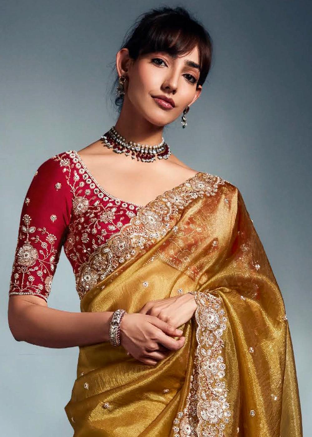 Mustard Yellow Designer Saree in Tissue Fabric with Hand Embroidery