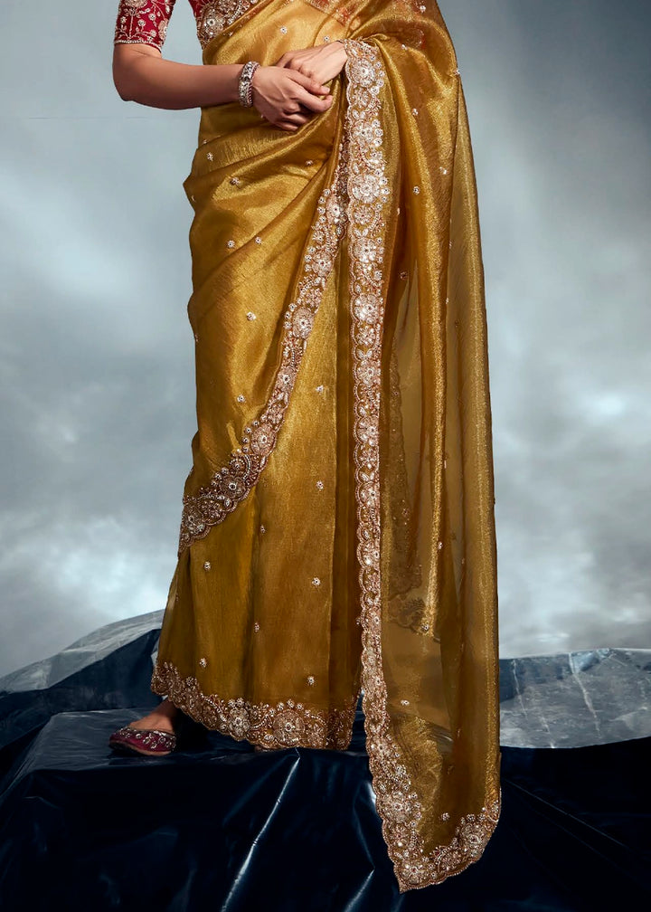 Mustard Yellow Designer Saree in Tissue Fabric with Hand Embroidery