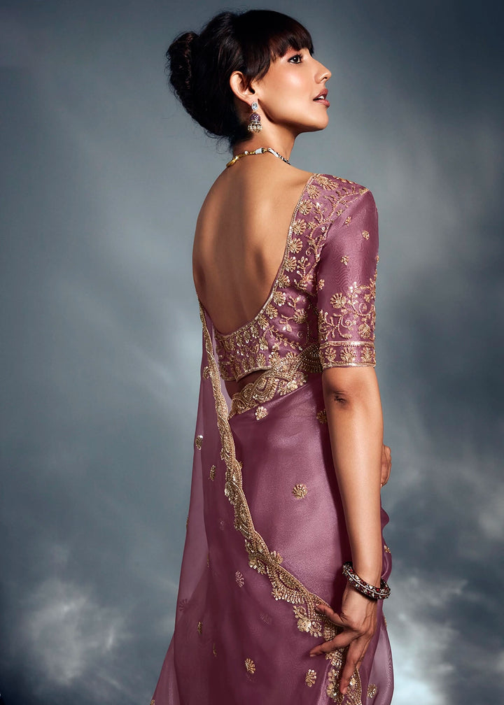 Lilac Purple Designer Saree in Tissue Fabric with Hand Embroidery