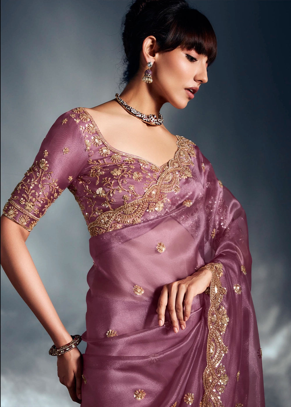 Lilac Purple Designer Saree in Tissue Fabric with Hand Embroidery