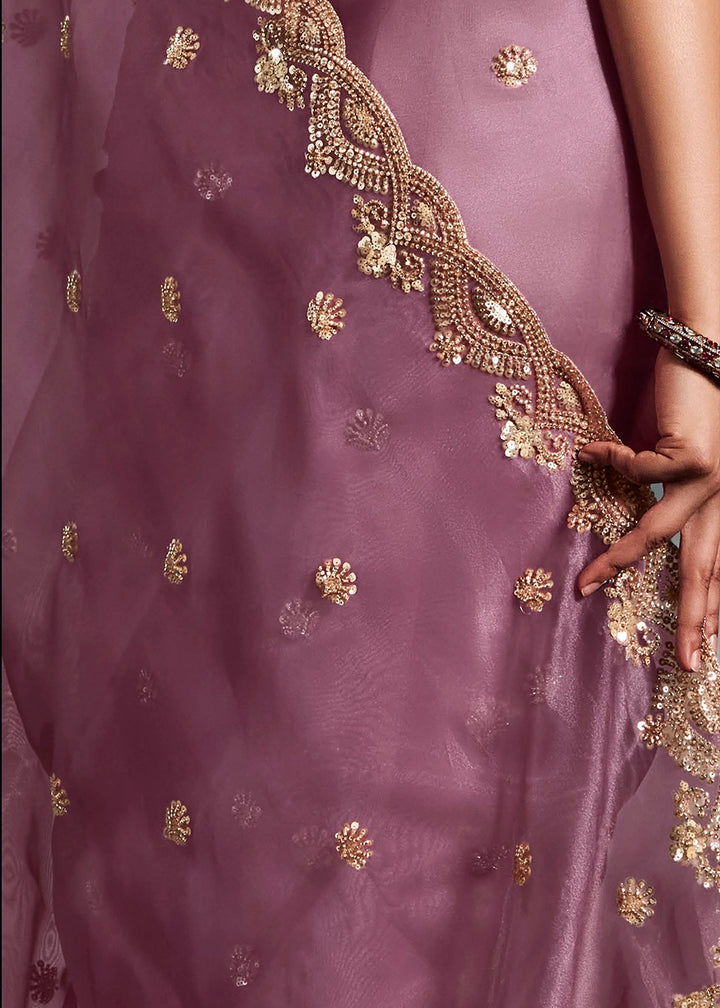 Lilac Purple Designer Saree in Tissue Fabric with Hand Embroidery