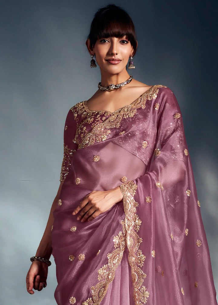Lilac Purple Designer Saree in Tissue Fabric with Hand Embroidery