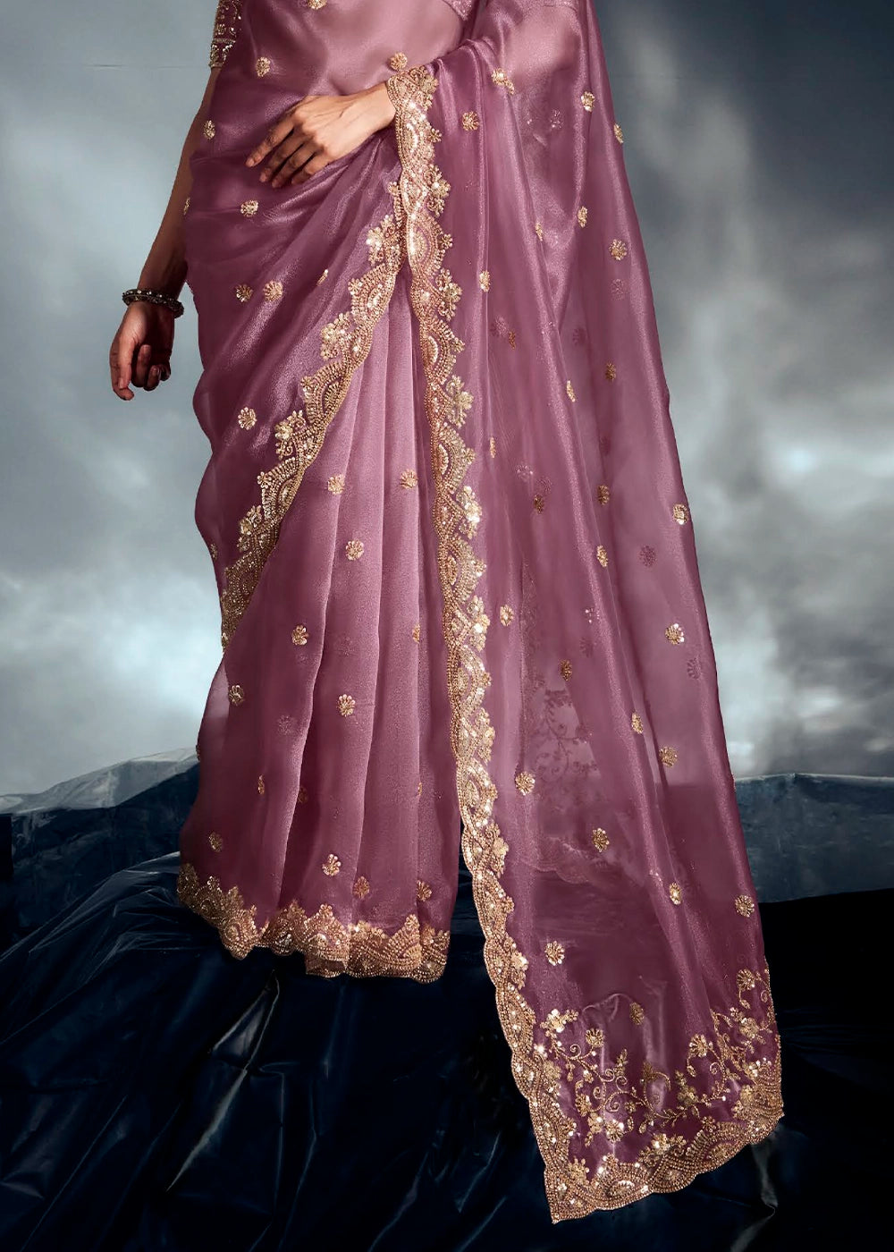 Lilac Purple Designer Saree in Tissue Fabric with Hand Embroidery