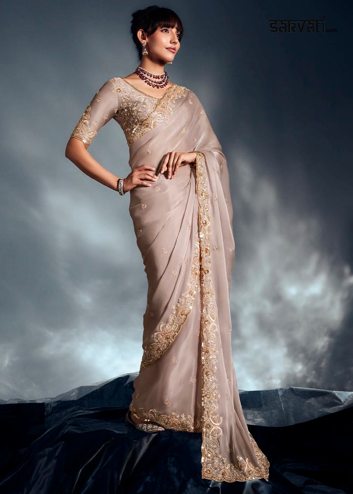 Dove Grey Designer Saree in Tissue Fabric with Hand Embroidery