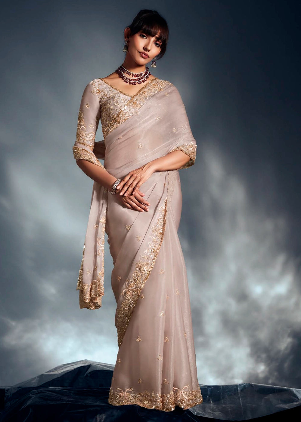 Dove Grey Designer Saree in Tissue Fabric with Hand Embroidery