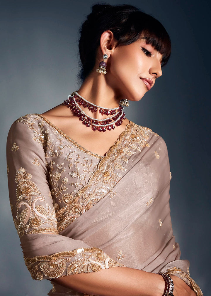 Dove Grey Designer Saree in Tissue Fabric with Hand Embroidery