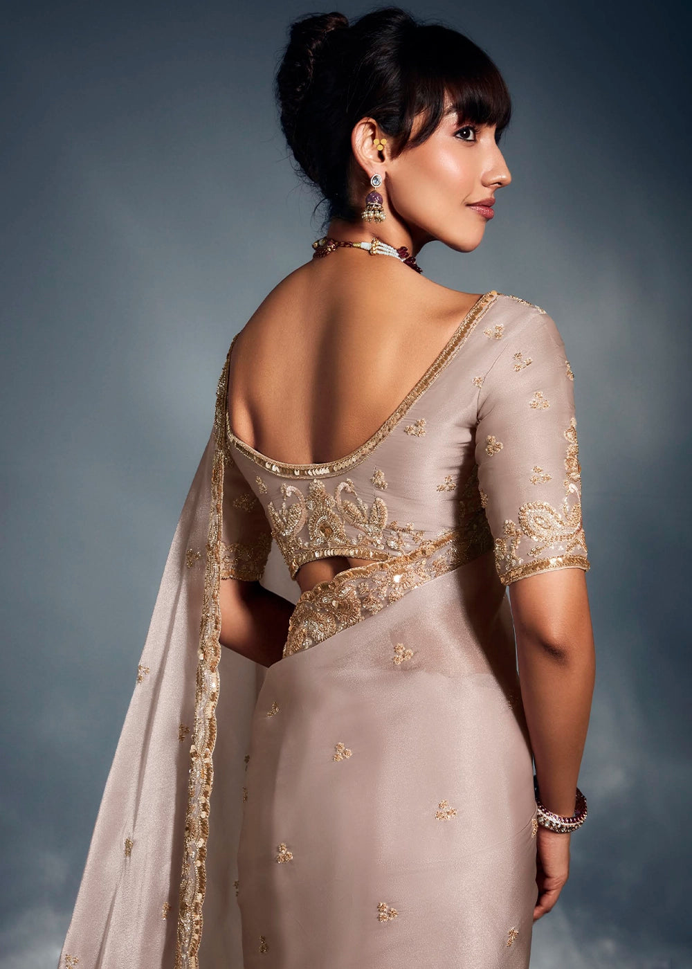 Dove Grey Designer Saree in Tissue Fabric with Hand Embroidery