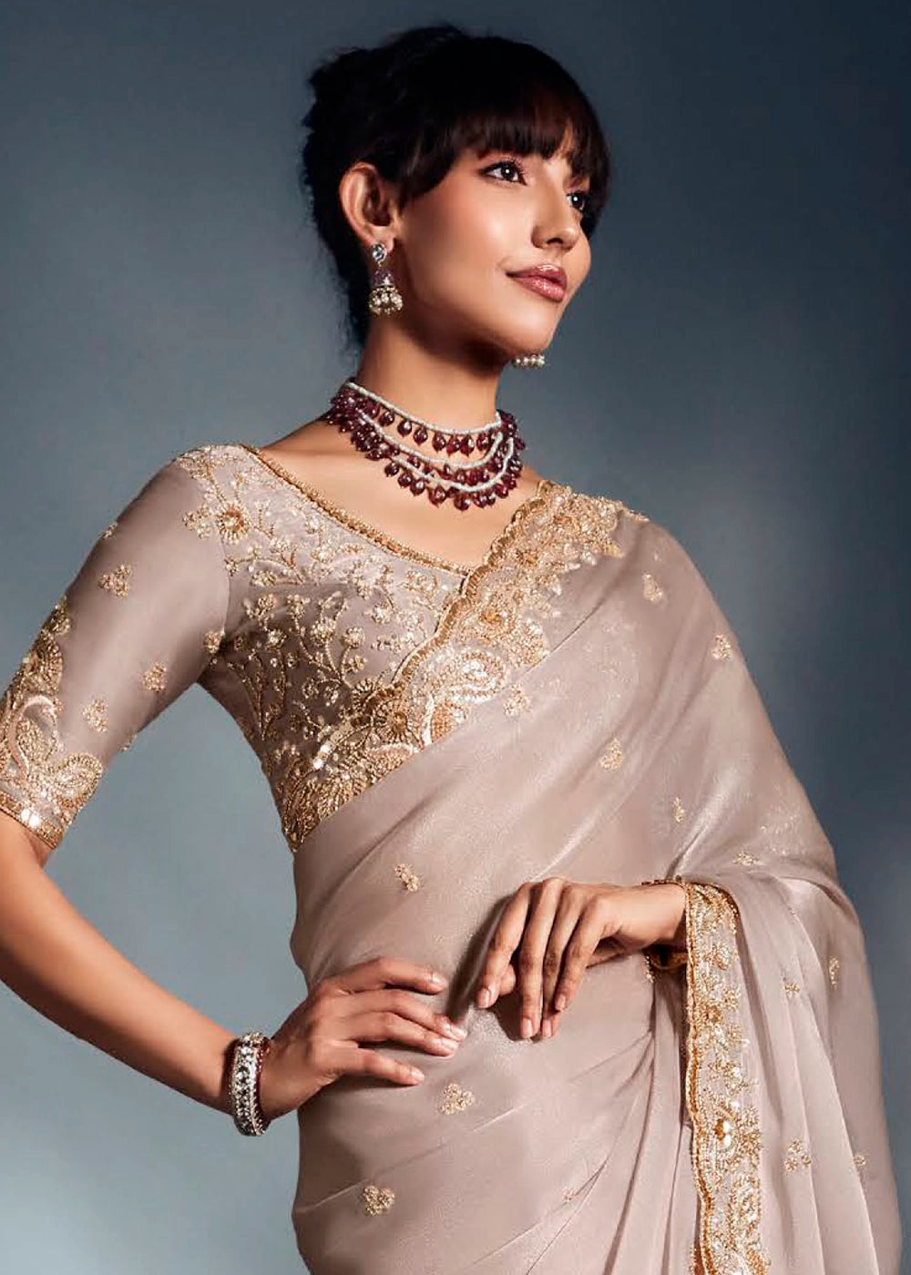 Dove Grey Designer Saree in Tissue Fabric with Hand Embroidery