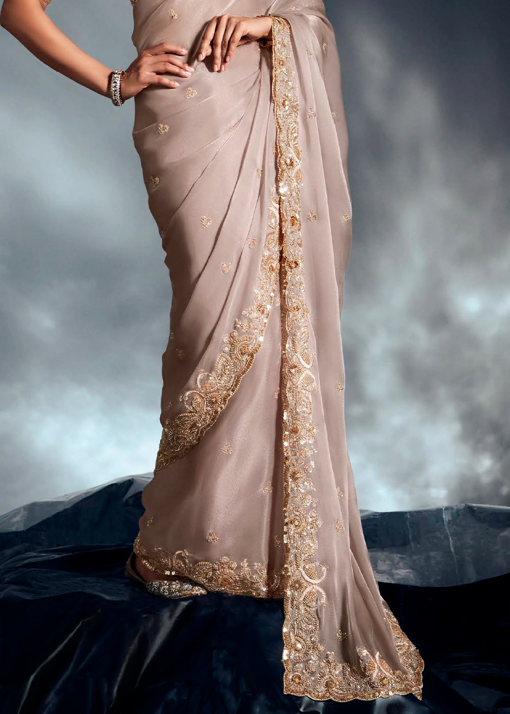 Dove Grey Designer Saree in Tissue Fabric with Hand Embroidery
