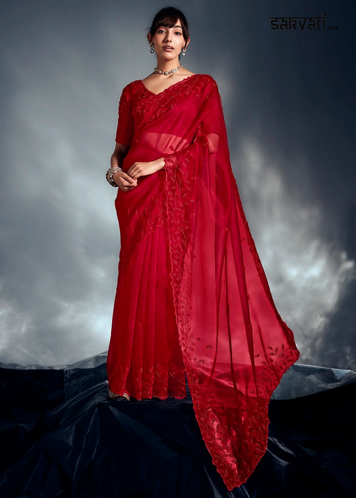 Bridal Red Designer Saree in Tissue Fabric with Hand Embroidery