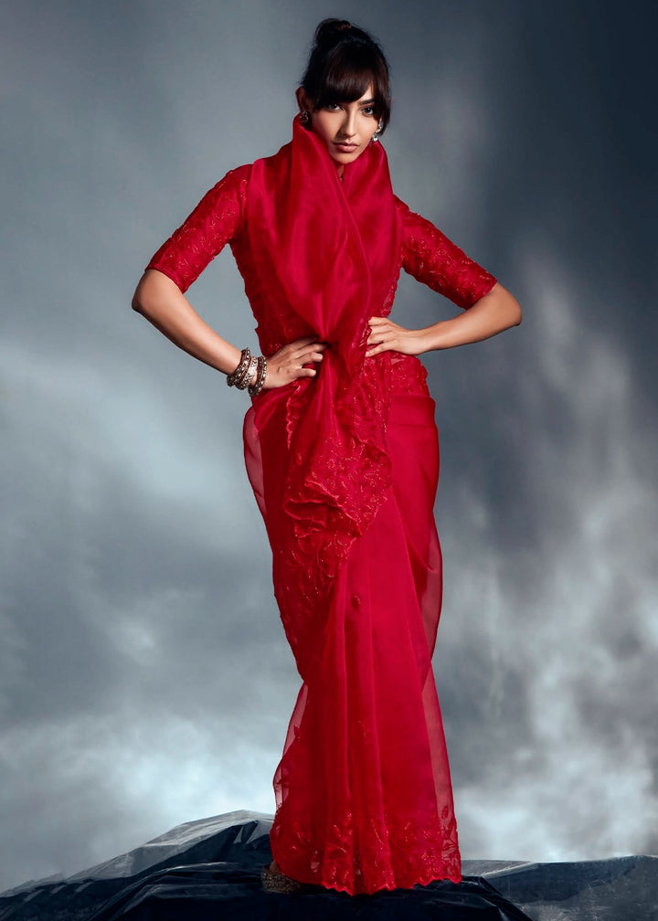 Bridal Red Designer Saree in Tissue Fabric with Hand Embroidery