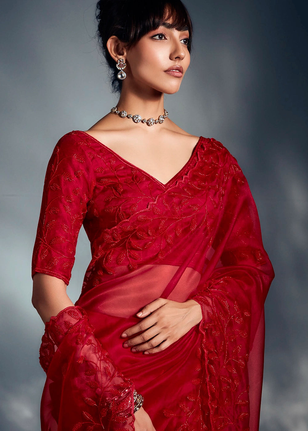 Bridal Red Designer Saree in Tissue Fabric with Hand Embroidery