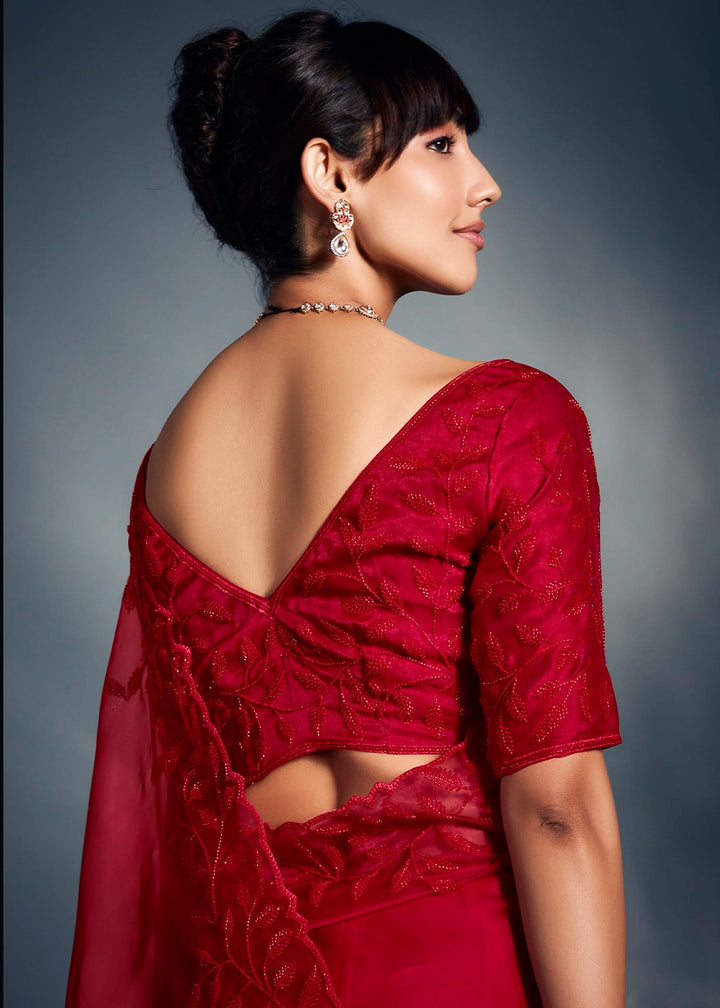 Bridal Red Designer Saree in Tissue Fabric with Hand Embroidery