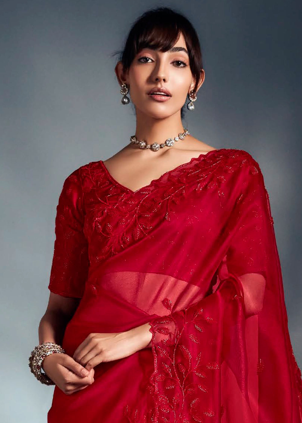 Bridal Red Designer Saree in Tissue Fabric with Hand Embroidery