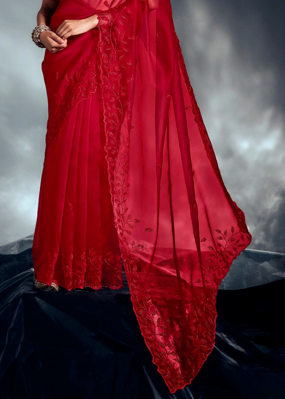 Bridal Red Designer Saree in Tissue Fabric with Hand Embroidery