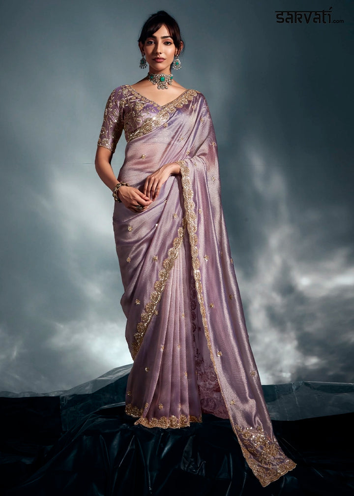 Pale Lilac Purple Designer Saree in Tissue Fabric with Hand Embroidery