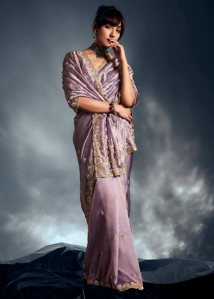 Pale Lilac Purple Designer Saree in Tissue Fabric with Hand Embroidery