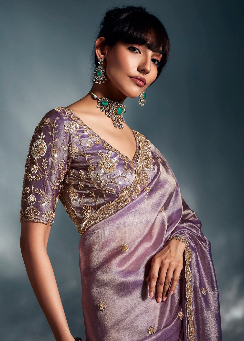 Pale Lilac Purple Designer Saree in Tissue Fabric with Hand Embroidery