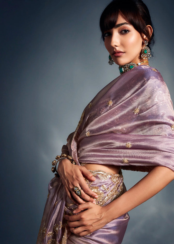 Pale Lilac Purple Designer Saree in Tissue Fabric with Hand Embroidery