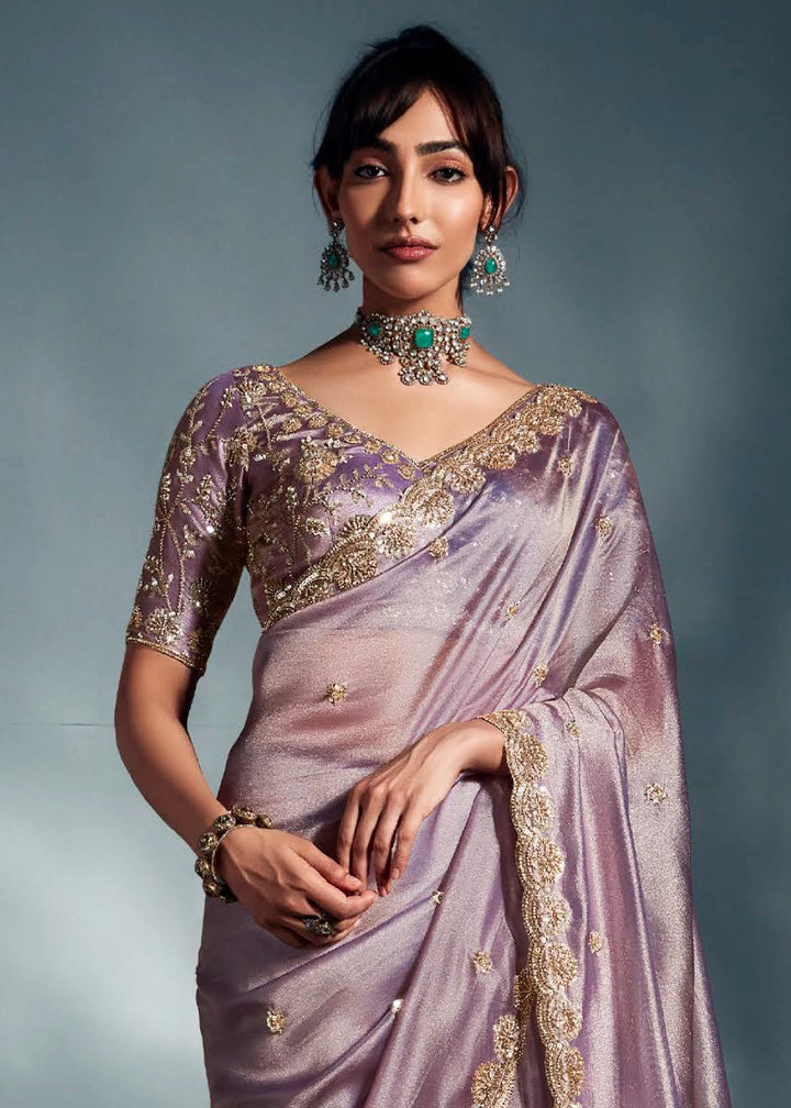 Pale Lilac Purple Designer Saree in Tissue Fabric with Hand Embroidery