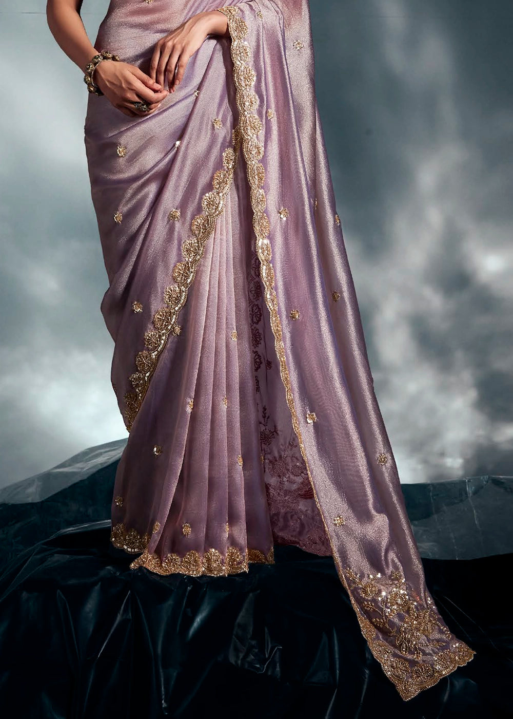 Pale Lilac Purple Designer Saree in Tissue Fabric with Hand Embroidery