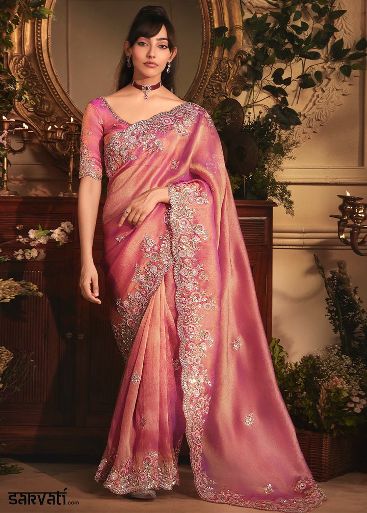Shades of Pink Embroidered Tissue Organza Saree – Designer Collection