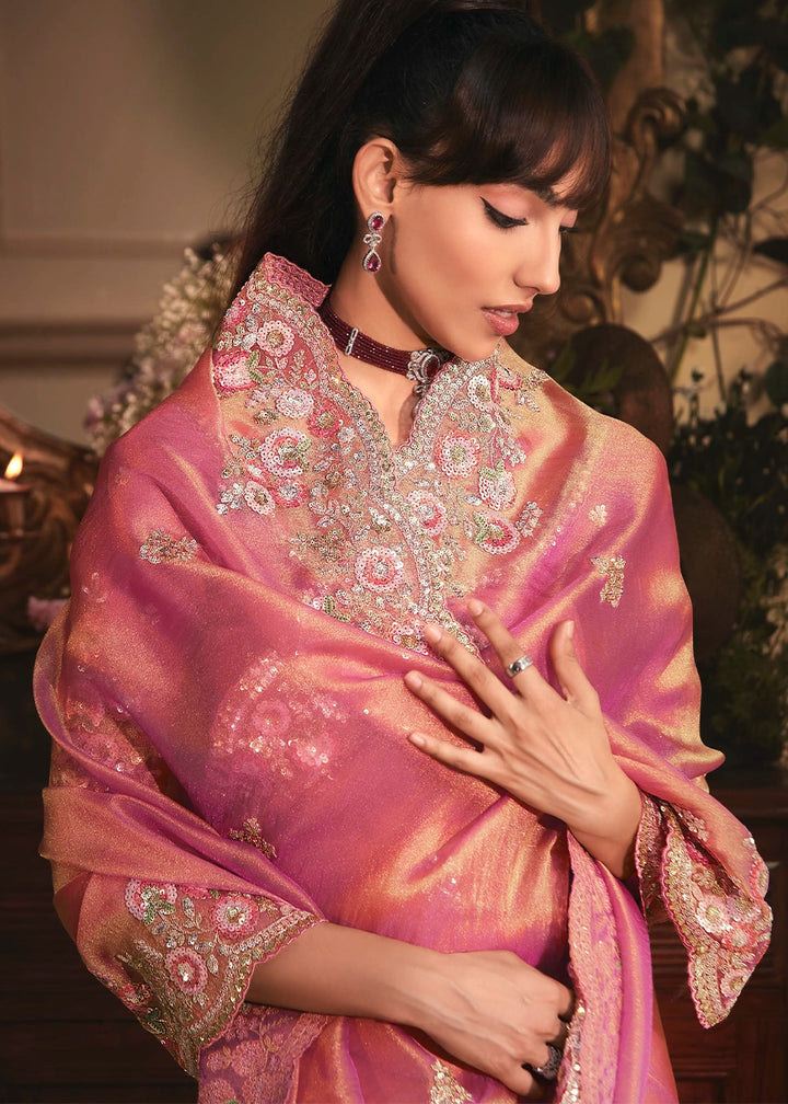 Shades of Pink Embroidered Tissue Organza Saree – Designer Collection