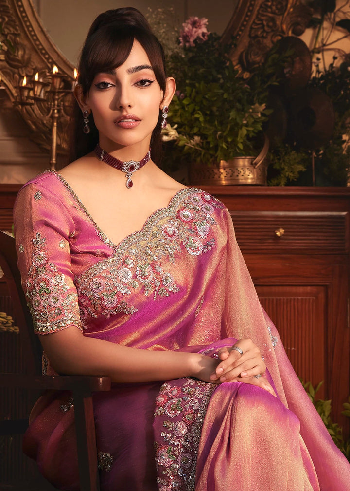 Shades of Pink Embroidered Tissue Organza Saree – Designer Collection