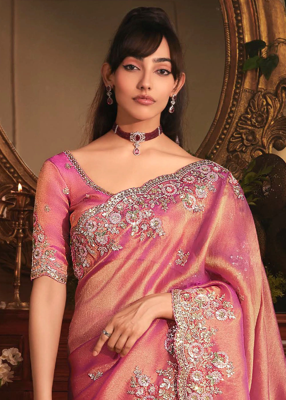 Shades of Pink Embroidered Tissue Organza Saree – Designer Collection
