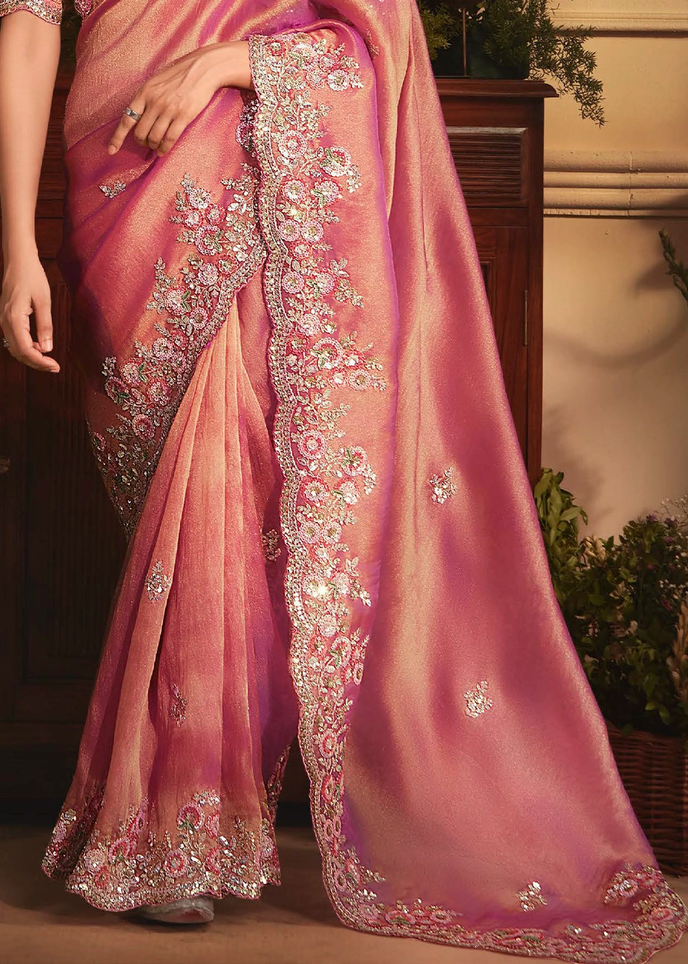 Shades of Pink Embroidered Tissue Organza Saree – Designer Collection
