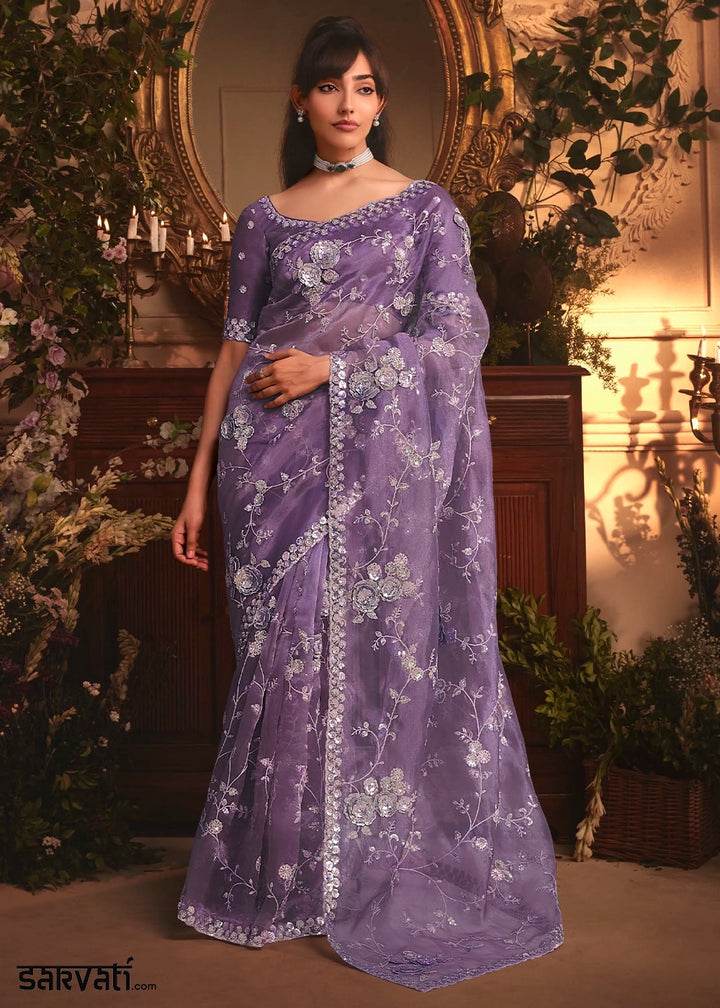 Royal Purple Embroidered Tissue Organza Saree – Designer Collection