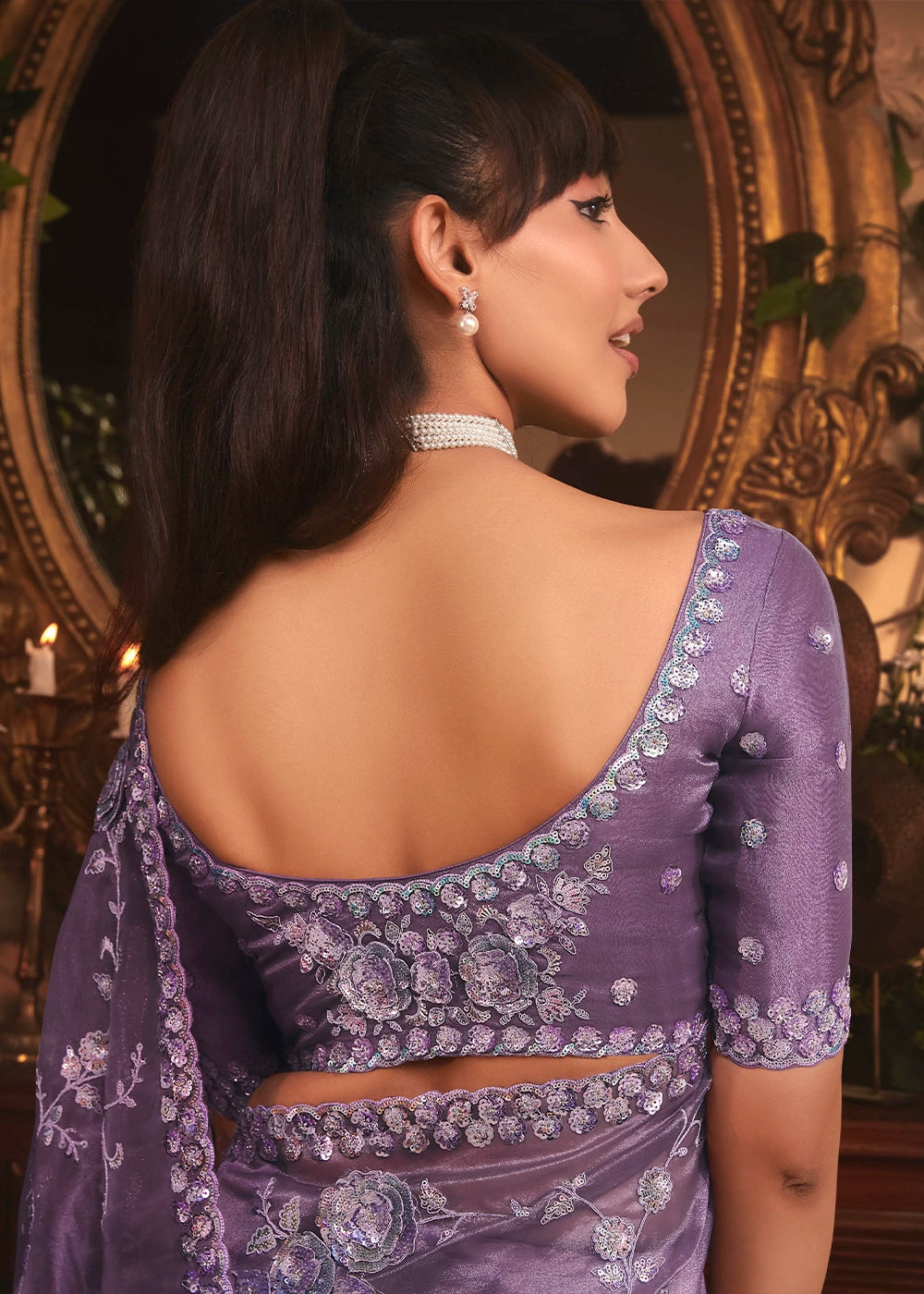 Royal Purple Embroidered Tissue Organza Saree – Designer Collection