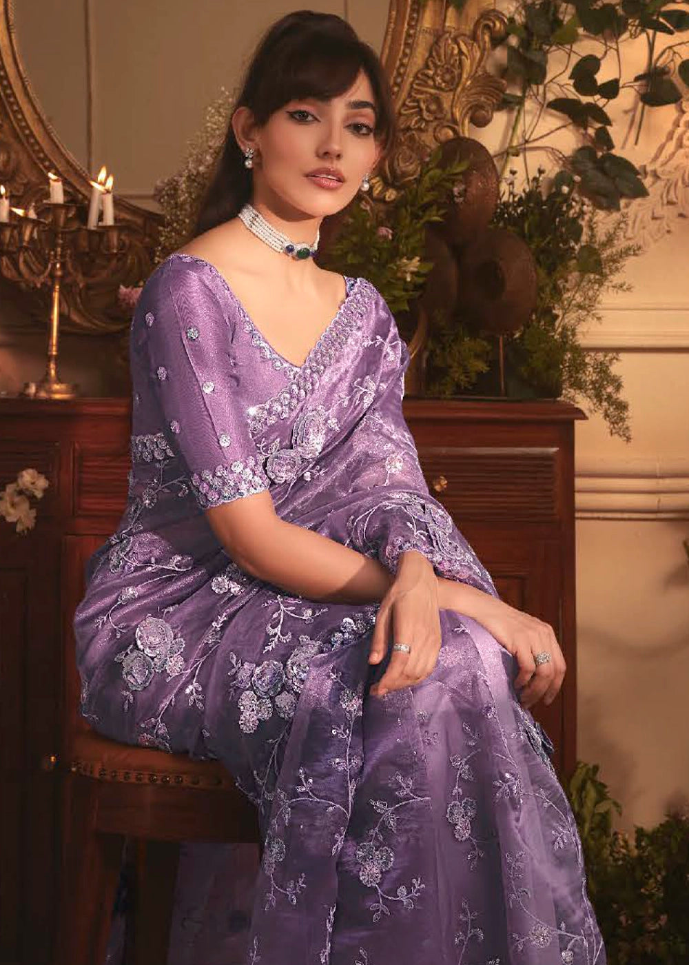 Royal Purple Embroidered Tissue Organza Saree – Designer Collection