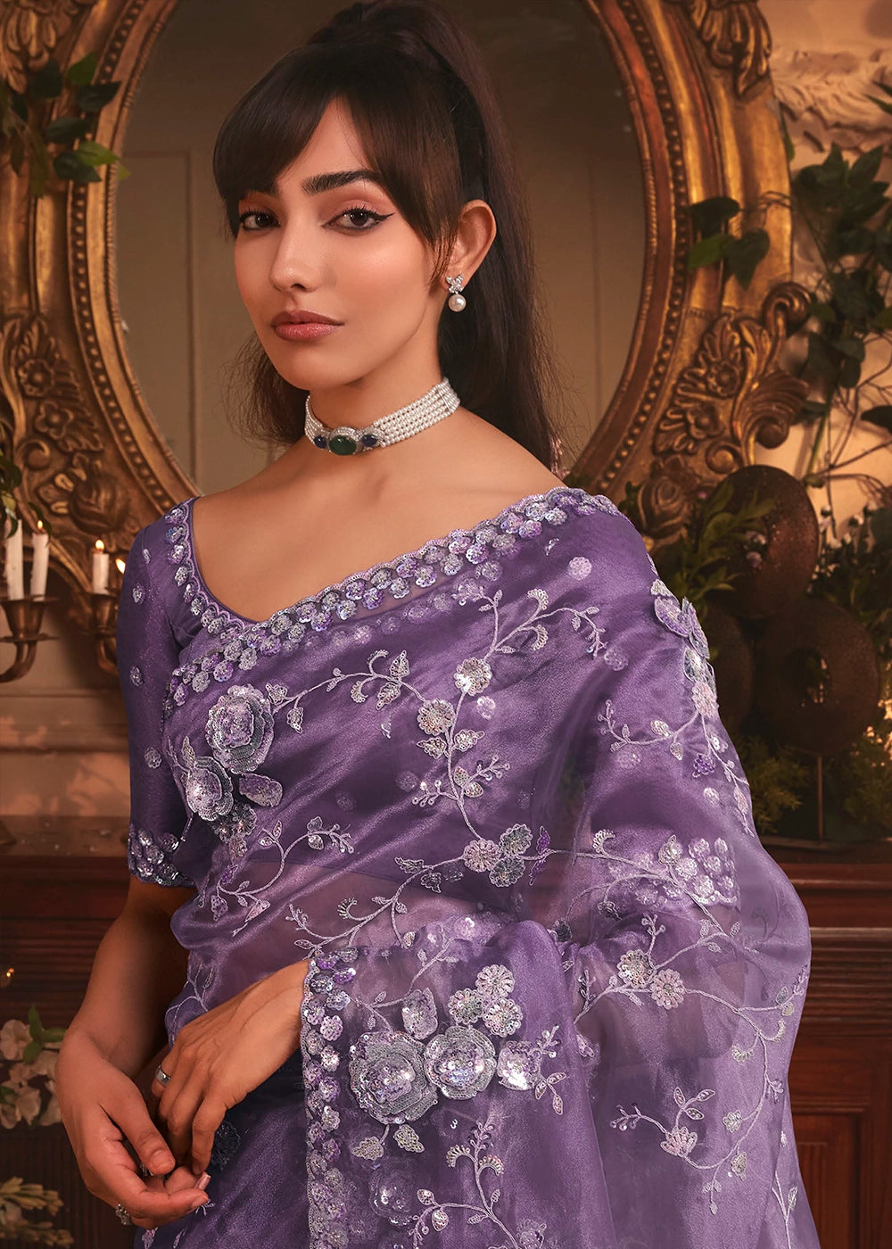 Royal Purple Embroidered Tissue Organza Saree – Designer Collection