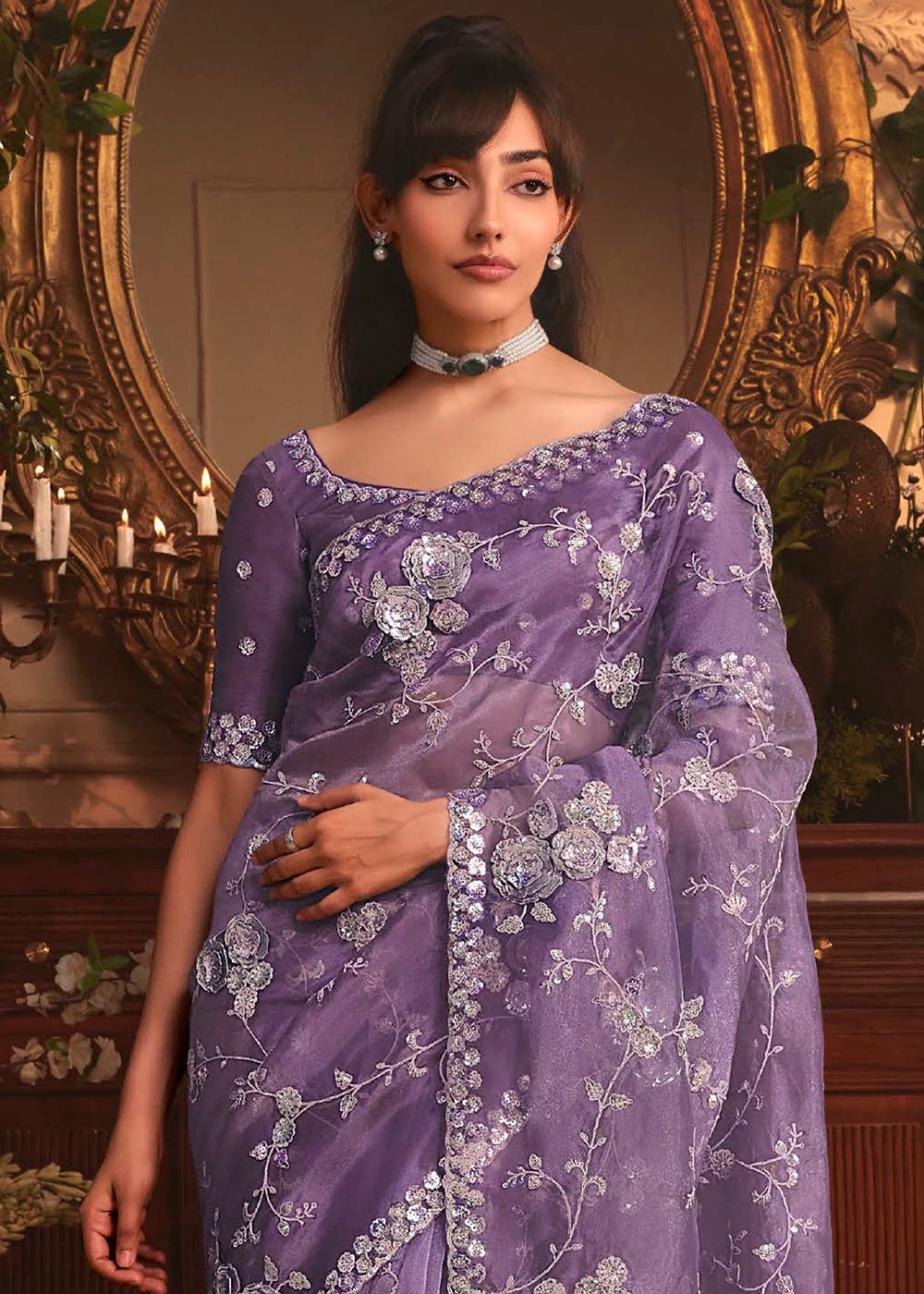 Royal Purple Embroidered Tissue Organza Saree – Designer Collection