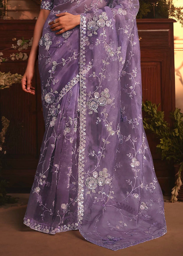 Royal Purple Embroidered Tissue Organza Saree – Designer Collection