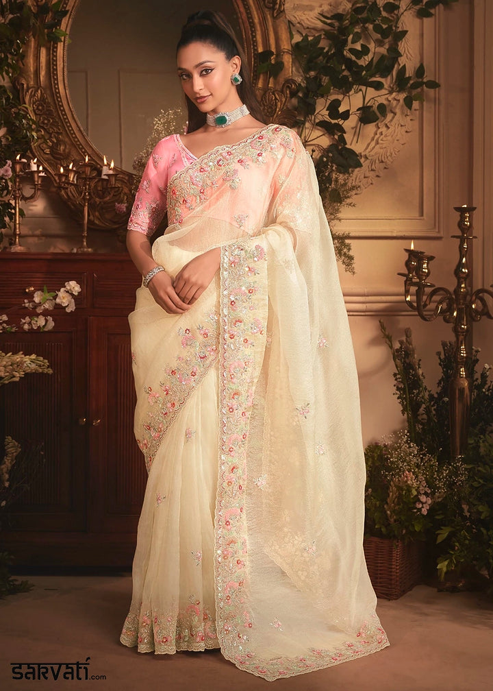 Cream White Embroidered Tissue Organza Saree – Designer Collection