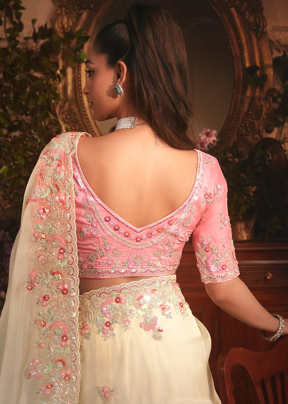 Cream White Embroidered Tissue Organza Saree – Designer Collection
